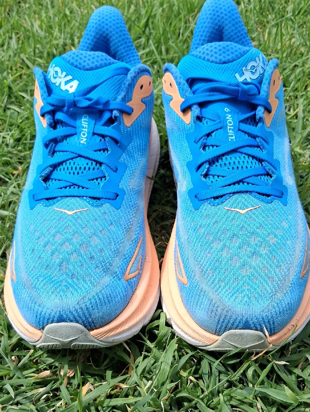 Hoka Clifton 9 Sneakers in Blue and Orange - Picture 9 of 13